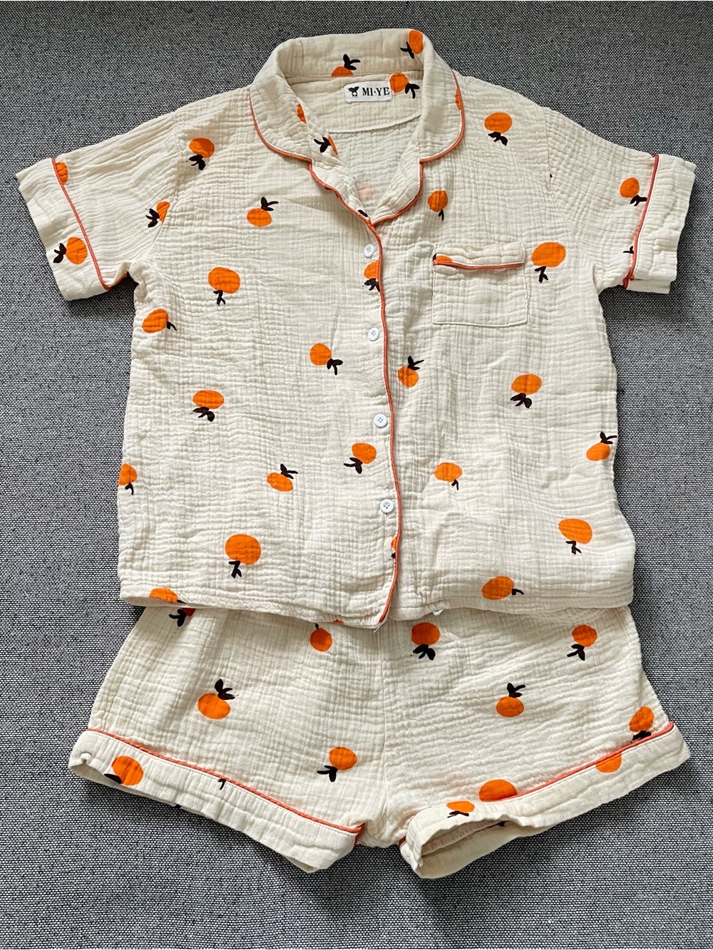 Cream Short-Sleeve Cotton Pajama Set with Orange Fruit Print